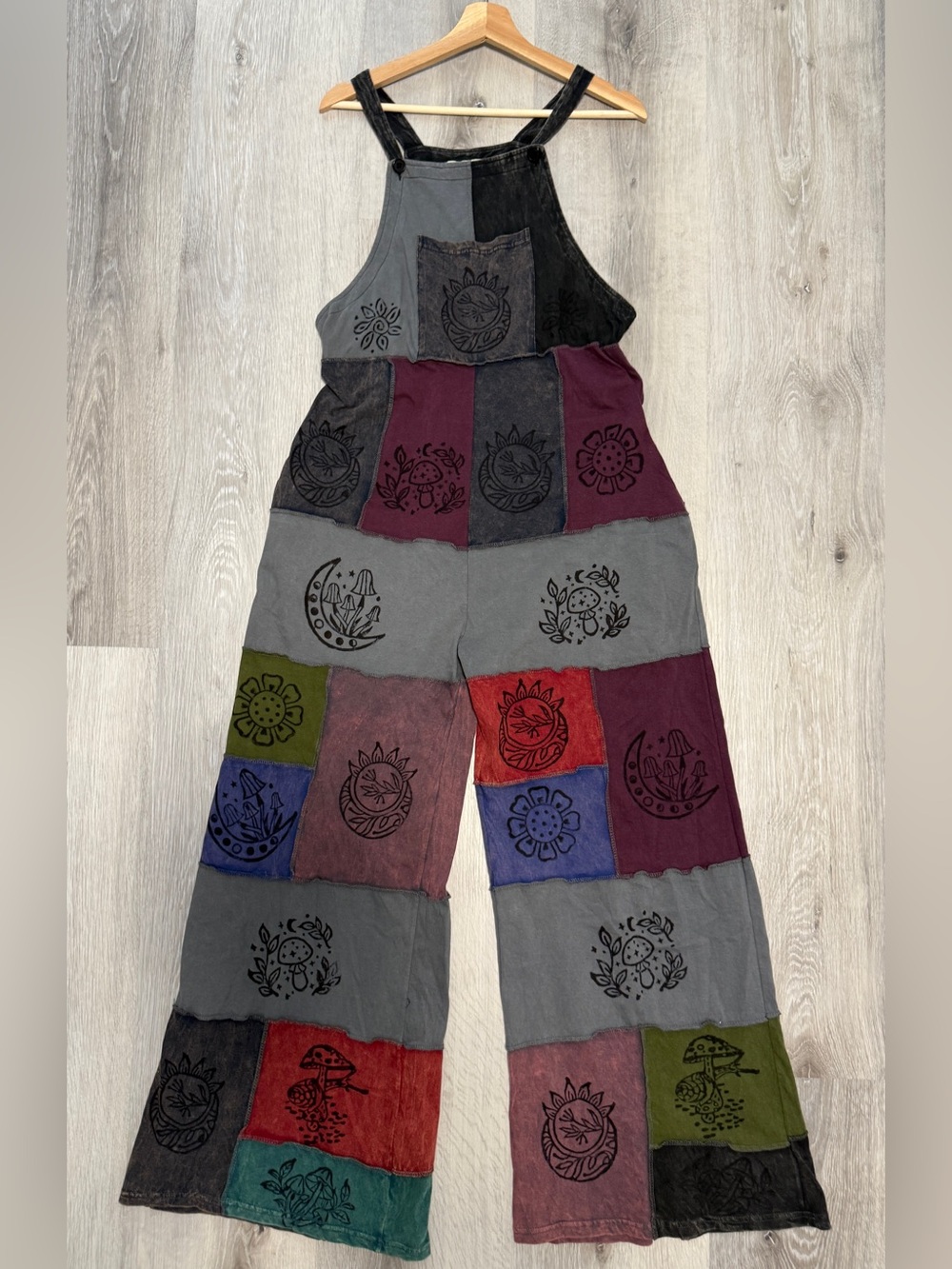 Yak &Yeti Patchwork Boho Overalls - Sun & Moon Prints -Festival- Multicolor S/M